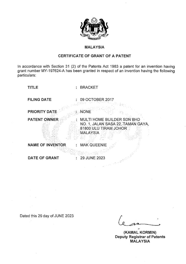 Malaysia Patent Certificate